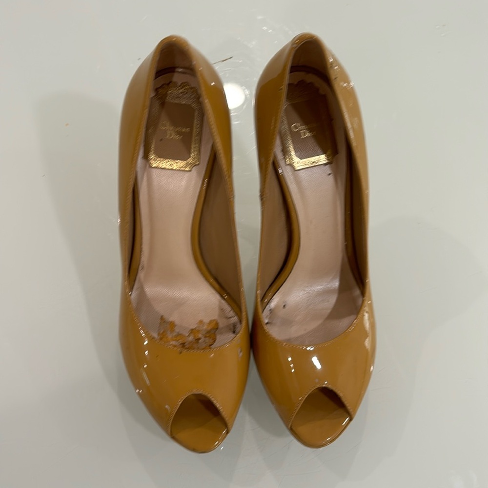 Dior camel colored peep toe pumps